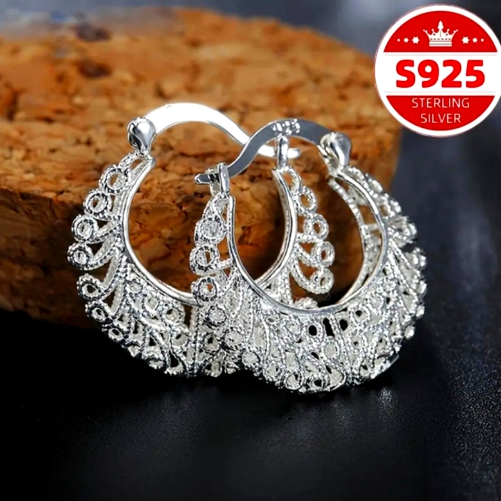 Earrings S925 Sterling Silver. Pure Silvery Bohemian Retro Hollow Flower Vine